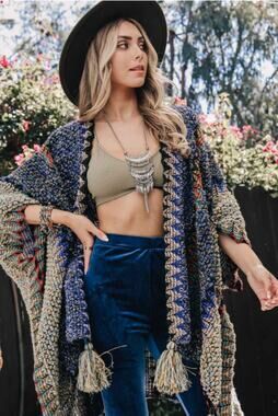 New, Colorful Crochet Patterned Ruana, Poncho, Sweater, Cozy Rap Cobalt Blue